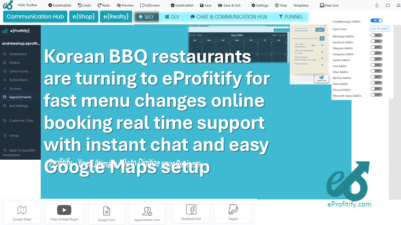 Korean BBQ restaurants are turning to eProfitify for fast menu changes online booking real time support with instant chat and easy Google Maps setup